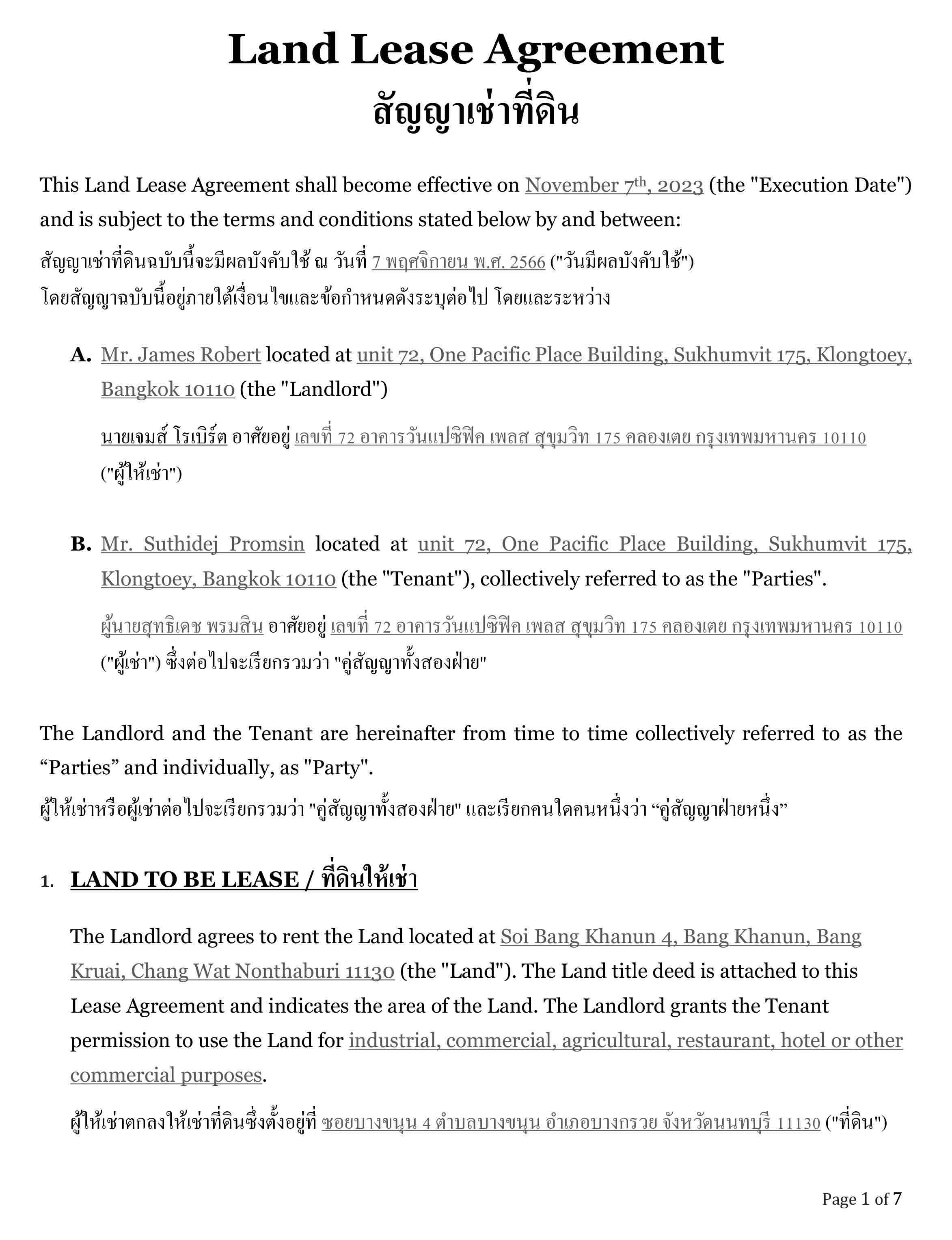 Land Lease Agreement Template Singapore
