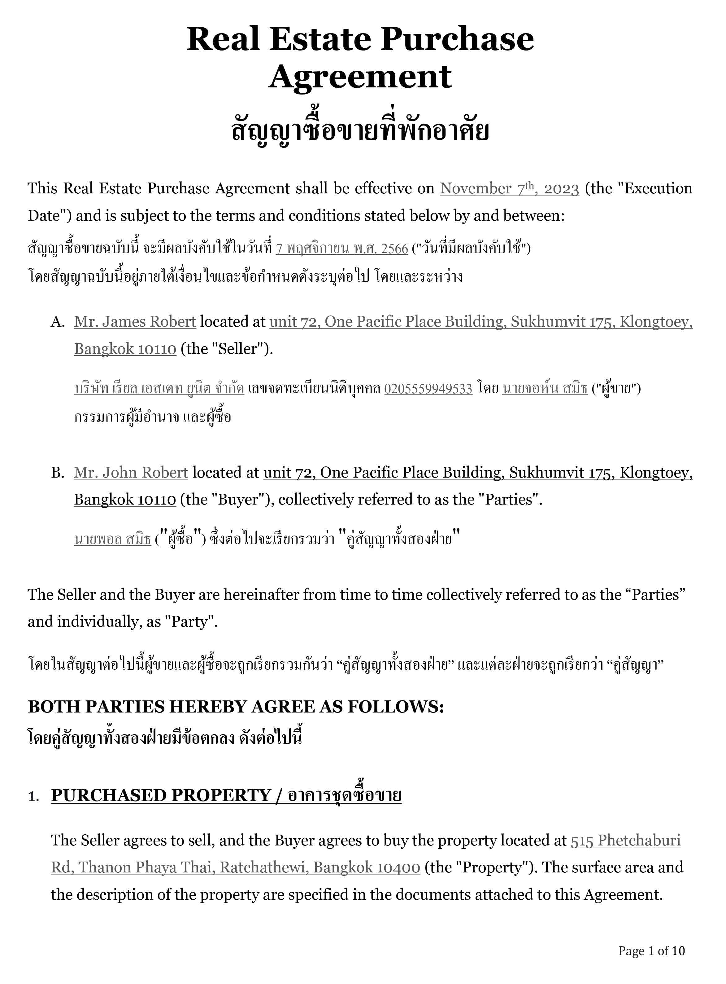 Real Estate Purchase Agreement Template Singapore