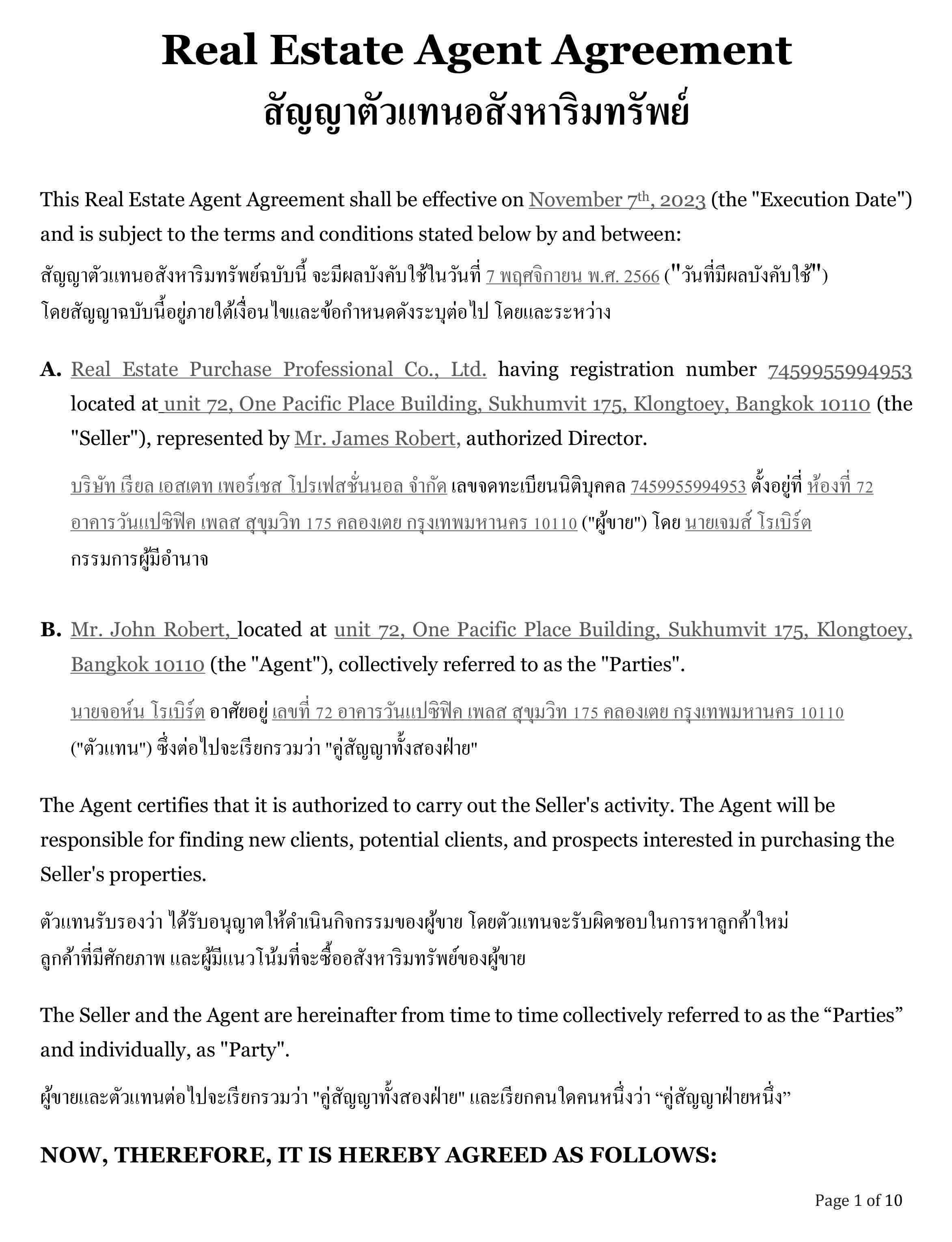 Real Estate Agent Agreement Template Singapore