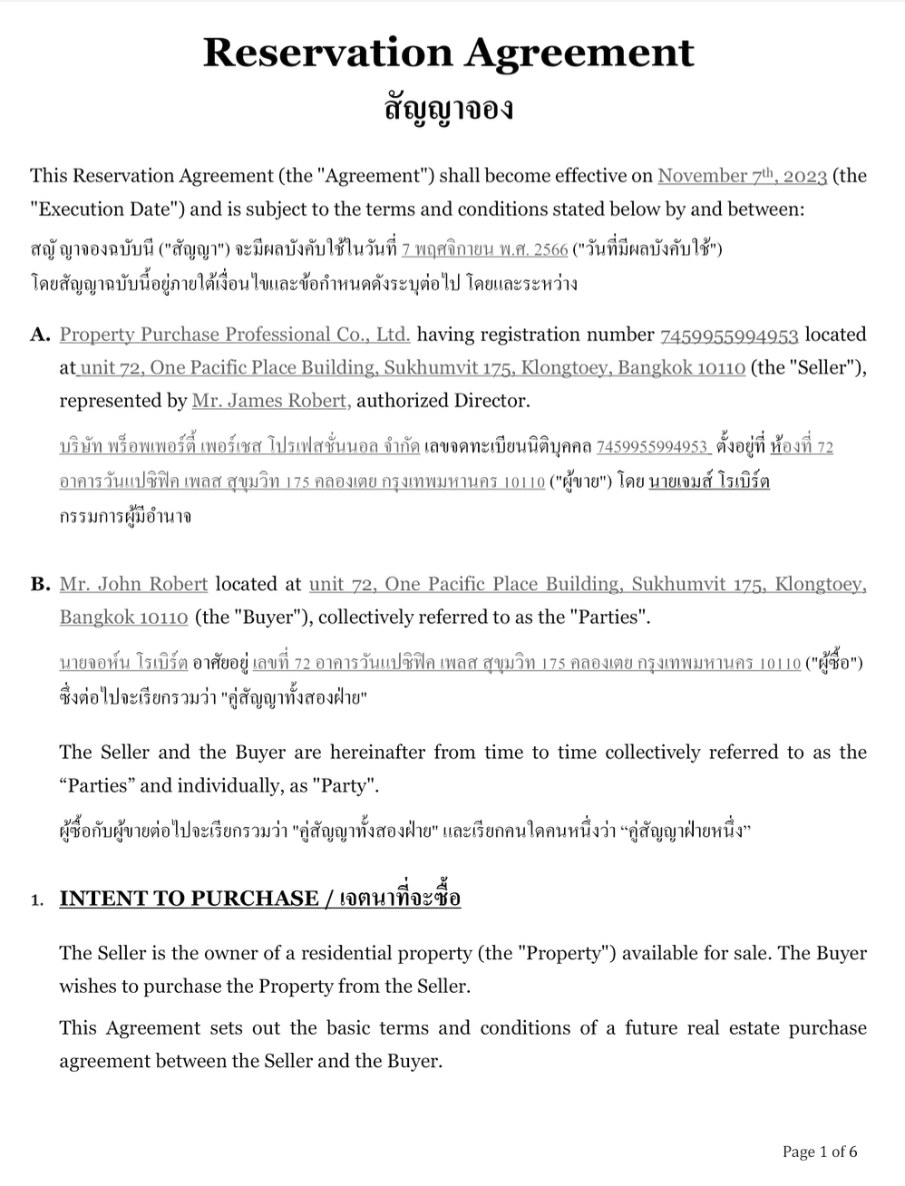 Reservation Agreement Template Singapore